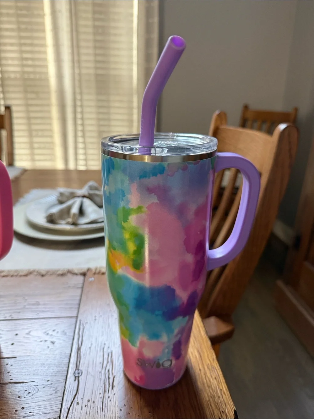 Swig 40 ounce Tie-Dye Tumbler with Handle and Straw - Purple Accents
